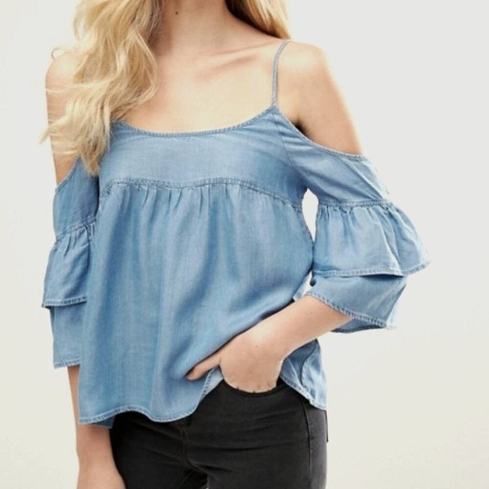 Walter Baker | Lyocell Cold Shoulder Blue Ruffle Sleeve "Tara" Top | Medium